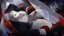 Rule 34 | 1boy, :q, abs, absurdres, animal ears, anyisdragon, arknights, bara, bare pectorals, belt, black belt, black shirt, blush, couch, cum, curtains, ejaculation, erection, formal, from above, furry, furry male, groin, highres, large pectorals, male focus, mountain (arknights), muscular, muscular male, nipples, official alternate costume, on couch, open belt, open clothes, open fly, open pants, open shirt, pants, pectorals, penis, petals, projectile cum, scar, scar across eye, scar on face, shirt, short hair, solo, stomach, thick thighs, thighs, tiger boy, tiger ears, tongue, tongue out, uncensored, white fur, white hair, white pants