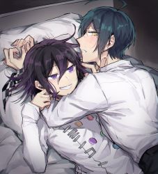 Rule 34 | 2boys, ahoge, bed, black hair, black pants, bound, bound wrists, buttons, commentary request, danganronpa (series), danganronpa v3: killing harmony, double-breasted, grin, hair between eyes, highres, long sleeves, looking at another, looking at viewer, lying, male focus, multiple boys, nanin, on back, on bed, on person, on stomach, oma kokichi, pants, pillow, purple eyes, purple hair, saihara shuichi, shirt, short hair, smile, sweat, upper body, white shirt, yaoi, yellow eyes