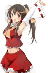Rule 34 | 1girl, armpits, arms behind head, arms up, bow, bowtie, breasts, brown eyes, brown hair, collar, cowboy shot, detached sleeves, hair tubes, hakurei reimu, highres, japanese clothes, long hair, miko, mukuroi, navel, neck ribbon, open mouth, ribbon, ribbon-trimmed sleeves, ribbon trim, simple background, skirt, skirt set, smile, solo, touhou, white background, wide sleeves, yellow bow, yellow neckwear