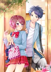Rule 34 | 1boy, 1girl, against door, arm up, bag, blue hair, blue jacket, blush, bow, braid, collarbone, cowboy shot, cropped legs, flower, french braid, green eyes, duffel bag, hair between eyes, hair ornament, hairclip, highres, jacket, kurabayashi, leaning, looking at another, looking back, messy hair, open clothes, open jacket, original, outdoors, pants, parted lips, pink hair, plaid, plaid pants, plaid skirt, purple eyes, red bow, school bag, school uniform, shirt, shopping bag, short hair, skirt, sliding doors, thick eyebrows, twitter username, untucked shirt, white shirt