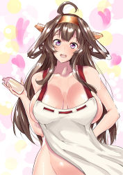 Rule 34 | 10s, 1girl, absurdres, ahoge, apron, baby bottle, bare shoulders, blush, bottle, breasts, brown hair, cleavage, highres, kantai collection, kongou (kancolle), long hair, looking at viewer, medium breasts, naked apron, open mouth, purple eyes, sankakusui, sideboob, smile, solo