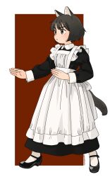 Rule 34 | &gt;:(, 1girl, :&lt;, akai sashimi, animal ears, apron, black dress, black footwear, blunt bangs, bob cut, breasts, brown eyes, brown hair, cat ears, cat girl, cat tail, collar, colored inner animal ears, dress, fighting stance, frilled apron, frills, full body, highres, long dress, long sleeves, looking to the side, maid, maid apron, mary janes, original, puffy long sleeves, puffy sleeves, red background, shoes, short hair, simple background, small breasts, socks, standing, tail, v-shaped eyebrows, white background, white collar, white socks