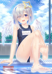 Rule 34 | 1girl, amane kanata, bare legs, barefoot, blue eyes, blue hair, blue sky, blue one-piece swimsuit, bob cut, cloud, colored inner hair, commentary request, day, full body, fuyu urara, hair over one eye, halo, highres, hololive, medium hair, multicolored hair, name tag, old school swimsuit, one-piece swimsuit, outdoors, pool, school swimsuit, silver hair, single hair intake, sitting, sky, solo, star halo, streaked hair, swimsuit, virtual youtuber, water, wet, wings, wire fence