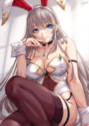 Rule 34 | 1girl, animal ears, arm strap, bare shoulders, black choker, blue eyes, blush, breasts, choker, cleavage, collarbone, earrings, fake animal ears, garter straps, grey hair, hairband, highres, jewelry, large breasts, leotard, necklace, original, parted lips, playboy bunny, purple thighhighs, rabbit ears, ring, sakiyamama, smile, teeth, thighhighs, thighs, white hairband, wrist cuffs
