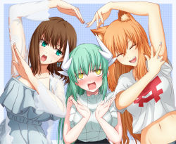 Rule 34 | 3girls, animal ears, arms up, bare shoulders, blush, breasts, brown hair, charlotte corday (fate), cleavage, closed eyes, collarbone, crop top, dragon girl, dragon horns, fate/extra, fate/extra ccc, fate/extra ccc fox tail, fate/grand order, fate (series), fox ears, fox girl, frills, green eyes, green hair, grey shirt, hasebe akira, heart, heart hands, horns, kiyohime (fate), large breasts, long hair, looking to the side, medium breasts, midriff, multiple girls, multiple horns, navel, open mouth, orange hair, rolling eyes, shirt, short hair, short sleeves, sidelocks, sleeveless, sleeveless shirt, smile, suzuka gozen (fate), white shirt, yellow eyes
