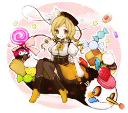 Rule 34 | 10s, 1girl, 1st-mn, :p, blonde hair, blush, boots, bow, candy, charlotte (madoka magica), checkerboard cookie, cookie, detached sleeves, drill hair, fingerless gloves, food, fruit, gloves, hat, lollipop, long hair, magical girl, mahou shoujo madoka magica, mahou shoujo madoka magica (anime), pudding, sitting, smile, strawberry, sweets, swirl lollipop, thighhighs, tomoe mami, tongue, tongue out, twin drills, twintails, yellow eyes