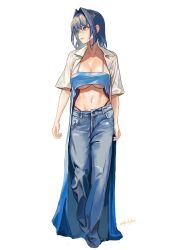 Rule 34 | 1girl, blue eyes, blue hair, blue shirt, breasts, cleavage, collarbone, denim, hair intakes, highleg, highleg panties, highres, hololive, hololive english, jeans, large breasts, multicolored hair, navel, open clothes, ouro kronii, panties, pants, revealing clothes, santafe99, shirt, short hair, short sleeves, simple background, solo, stomach, torn clothes, torn jeans, torn pants, twitter username, two-tone hair, underboob, underwear, virtual youtuber, white background, white shirt