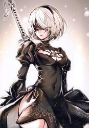 Rule 34 | 1girl, absurdres, android, black blindfold, black dress, blindfold, breasts, cleavage, clothing cutout, covered navel, dress, feather trim, gradient background, hairband, highres, kat (bu-kunn), katana, lips, long sleeves, medium breasts, mole, mole under mouth, nier (series), nier:automata, parted lips, photoshop (medium), puffy sleeves, scan, shiny clothes, side slit, simple background, solo, sword, thighs, turtleneck, weapon, weapon on back, white hair, 2b (nier:automata)