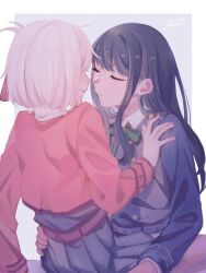 Rule 34 | 2girls, black hair, blonde hair, blue dress, closed eyes, closed mouth, commentary, dated, dress, elan ouo, green ribbon, grey background, hair ribbon, hand on another&#039;s shoulder, hand on another&#039;s waist, highres, inoue takina, jacket, long hair, long sleeves, lycoris recoil, lycoris uniform, medium hair, multiple girls, neck ribbon, nishikigi chisato, one side up, parted lips, pleated skirt, red jacket, red ribbon, ribbon, signature, sitting, skirt, sweatdrop, white background, yuri