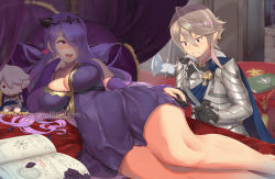 Rule 34 | 1boy, 1girl, annoyed, armor, axe, bare shoulders, battle axe, bed, book, breasts, bridal gauntlets, camilla (fire emblem), circlet, corrin (fire emblem), corrin (male) (fire emblem), corrin (male) (fire emblem), elbow gloves, fire emblem, fire emblem fates, gloves, hair over one eye, heart, horns, large breasts, long hair, lying, magic circle, magister, nail file, nail polish, nintendo, on side, pointy ears, purple gloves, purple hair, red eyes, smile, thick thighs, thighs, wavy hair, weapon, wide hips