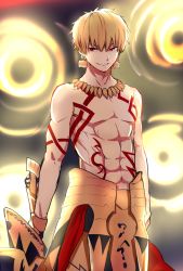 Rule 34 | 1boy, abs, armor, blonde hair, ea (fate/stay night), fate/grand order, fate/stay night, fate (series), gate of babylon (fate), gauntlets, gilgamesh (fate), greatpengh, highres, holding, holding weapon, jewelry, looking at viewer, male focus, necklace, open mouth, red eyes, smile, solo, tattoo, topless male, weapon
