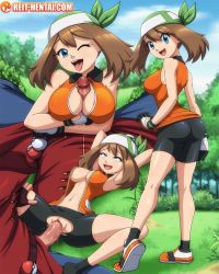 Rule 34 | 1boy, 1girl, ace trainer (pokemon), ahoge, areola slip, arms behind head, arms under breasts, bandana, bike shorts, blue eyes, breasts, brown hair, censored, covered erect nipples, creatures (company), forest, game freak, heart, heart censor, highres, looking at viewer, lying, may (pokemon), missionary, nature, nintendo, on back, paizuri, penis, pokemon, pokemon emerald, pokemon rse, reit, rolling eyes, sex, spread legs, tongue, tongue out, torn bike shorts, torn clothes, uncensored, vaginal