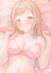 Rule 34 | 1girl, :o, bed sheet, blush, bra, breasts, cleavage, collarbone, gameso, highres, idolmaster, idolmaster shiny colors, lace, lace-trimmed bra, lace trim, light brown hair, looking at viewer, lying, medium breasts, medium hair, navel, on back, pillow, pink bra, sakuragi mano, solo, underwear, upper body