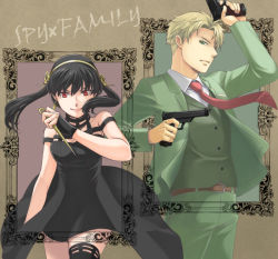 Rule 34 | 1boy, 1girl, black dress, black hair, black thighhighs, blonde hair, breasts, brown background, buttons, dagger, dress, dual wielding, earrings, fighting stance, flower, formal, framed, gold hairband, green eyes, green jacket, green pants, green suit, gun, hair between eyes, hair flower, hair ornament, hair over one eye, hair up, hairband, handgun, holding, holding gun, holding weapon, jacket, jewelry, knife, long hair, looking at viewer, medium breasts, necktie, pants, parted bangs, red eyes, shirt, short hair, sidelocks, smile, spy x family, stiletto (weapon), suit, thighhighs, tsuki oto sena, twilight (spy x family), upper body, waistcoat, weapon, white shirt, yor briar