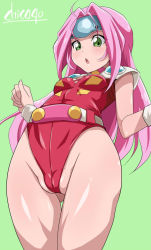 Rule 34 | 1girl, :o, breasts, chicago-x, cleft of venus, female focus, green eyes, highres, leotard, macross, macross 7, mylene jenius, partially visible vulva, pink hair, pussy, solo, text focus