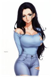 Rule 34 | absurdres, black hair, blue eyes, denim, highres, jeans, nico robin, one piece, pants, prixmal, torn clothes, torn jeans, torn pants, white background
