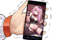 Rule 34 | 1girl, bare shoulders, black thighhighs, blush, breasts, cellphone, dirty ero, english text, fingernails, holding, holding phone, hololive, hololive english, large breasts, lingerie, long hair, mori calliope, open mouth, phone, pink eyes, pink hair, scythe, see-through, shaking, simple background, solo, sticker, sweat, takanashi kiara, thighhighs, tiara, underwear, v, virtual youtuber, weapon, white background, zipper, zipper pull tab
