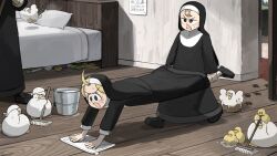 Rule 34 | 3girls, :o, balancing, banana peel, bed, bird, black footwear, blonde hair, blue eyes, book, brown eyes, brown hair, bucket, chicken, cleaning, clumsy nun (diva), commentary, diva (hyxpk), duck, duckling, english commentary, footprints, froggy nun (diva), habit, highres, holding another&#039;s legs, little nuns (diva), mud, multiple girls, nun, poster (object), topknot, traditional nun, triangle mouth