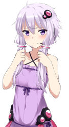 Rule 34 | 1girl, absurdres, bad id, bad pixiv id, bare arms, bare shoulders, blush, breasts, closed mouth, collarbone, commentary request, criss-cross halter, dress, hair between eyes, hair ornament, halterneck, highres, holding, holding hair, kohakope, long hair, purple dress, purple eyes, purple hair, short hair with long locks, small breasts, solo, upper body, voiceroid, yuzuki yukari