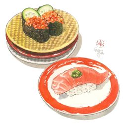 Rule 34 | caviar, commentary, commentary request, cucumber, cucumber slice, english commentary, fish (food), food, food focus, highres, kailene, mixed-language commentary, no humans, original, plate, rice, salmon, sashimi, sauce, still life, sushi, wasabi