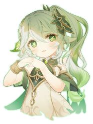 Rule 34 | 1girl, absurdres, blush, bracelet, cape, cropped torso, cross-shaped pupils, detached sleeves, dress, genshin impact, gradient hair, green eyes, green hair, green sleeves, hair between eyes, hair ornament, hands up, highres, jewelry, leaf hair ornament, long hair, looking at viewer, multicolored hair, nahida (genshin impact), open mouth, own hands together, parted lips, pointy ears, side ponytail, simple background, sleeveless, sleeveless dress, smile, solo, symbol-shaped pupils, upper body, usanta, white background, white dress, white hair