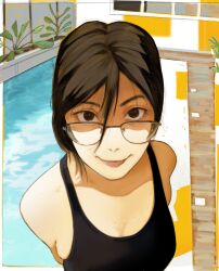 1girl abstract_background absurdres black_hair black_one-piece_swimsuit brown_eyes glasses hair_between_eyes highres looking_at_viewer one-piece_swimsuit original solo swimsuit xyanaid