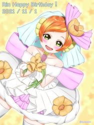 Rule 34 | 1girl, artist name, artist request, back bow, bare shoulders, bow, breasts, cherry blossoms, choker, cleavage, collarbone, dress, earrings, female focus, flower, gloves, green eyes, hair between eyes, hair flower, hair ornament, highres, holding, holding microphone, hoshizora rin, jewelry, looking at viewer, love live!, love live! school idol festival, love live! school idol project, love wing bell, love wing bell (love live!), microphone, miniskirt, orange flower, orange hair, parted lips, pink bow, pink skirt, plaid, plaid dress, plaid skirt, pleated, pleated dress, pleated skirt, pom pom (clothes), pom pom hair ornament, short dress, short hair, skirt, sleeveless, sleeveless dress, small breasts, smile, solo, strapless, strapless dress, veil, wedding dress, white choker, white dress, white gloves, white legwear, white skirt, white veil, white wrist cuffs, wrist cuffs, yellow background, yellow eyes, yellow flower