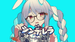 Rule 34 | 1girl, animal ears, black-framed eyewear, blue background, blue hair, braid, carrot, cinderella (vocaloid), commentary request, glasses, holding, holding shoes, hololive, looking at viewer, multicolored hair, official art, oshiruko (oshiruco 212048), rabbit ears, red eyes, sailor collar, second-party source, shoes, solo, song name, symbol in eye, twintails, usada pekora, virtual youtuber, vocaloid, white hair, white sailor collar