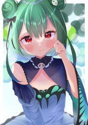 Rule 34 | 1girl, absurdres, animal print, asphalt494, bad id, bad pixiv id, blue dress, blue hair, blue sleeves, blush, breasts, brooch, butterfly print, cheek pull, detached collar, detached sleeves, double bun, dress, embarrassed, flat chest, gradient hair, green hair, hair bun, hair ornament, hair ribbon, hand up, highres, hololive, jewelry, juliet sleeves, long sleeves, looking at viewer, multicolored hair, puffy sleeves, red eyes, ribbon, short dress, short hair, short hair with long locks, sidelocks, skull hair ornament, small breasts, solo, strapless, strapless dress, upper body, uruha rushia, uruha rushia (1st costume), virtual youtuber, wide sleeves