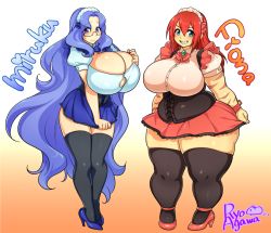 Rule 34 | 2girls, agawa ryou, artist name, blue eyes, blue hair, blue theme, borrowed character, breasts, character name, glasses, huge breasts, multiple girls, plump, red hair, red theme, scar, thick thighs, thighs