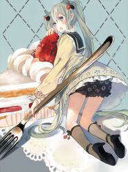 Rule 34 | 1girl, bou shaku, cake, cake slice, doily, dress, food, fork, from behind, fruit, green eyes, green hair, hatsune miku, high heels, highres, in food, kneehighs, kneeling, long hair, matching hair/eyes, mini person, minigirl, open mouth, socks, solo, strawberry, twintails, very long hair, vocaloid