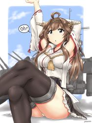 Rule 34 | 1girl, ahoge, black skirt, boots, breasts, brown hair, cannon, crossed legs, detached sleeves, double bun, frilled skirt, frills, hair bun, hairband, headgear, highres, japanese clothes, kantai collection, kongou (kancolle), kongou kai ni (kancolle), long hair, medium breasts, nontraditional miko, panties, purple eyes, ribbon-trimmed sleeves, ribbon trim, rigging, sitting, skirt, solo, thigh boots, thighhighs, turret, underwear, white panties, yashio (0321)