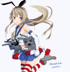 Rule 34 | 1girl, 2others, anchor hair ornament, black hairband, black neckerchief, black panties, blonde hair, blue sailor collar, blue skirt, cowboy shot, crop top, dated, elbow gloves, gloves, grey eyes, hair ornament, hairband, highleg, highleg panties, kangoku kou, kantai collection, long hair, microskirt, miniskirt, multiple others, neckerchief, panties, pleated skirt, rensouhou-chan, sailor collar, shimakaze (kancolle), simple background, skirt, striped clothes, striped thighhighs, thighhighs, twitter username, underwear, white background, white gloves