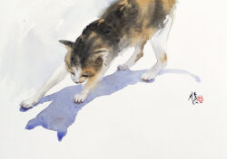 Rule 34 | all fours, animal, animal focus, cat, looking to the side, nara watercolor, no humans, original, painting (medium), realistic, shadow, sunlight, traditional media, watercolor (medium), white background