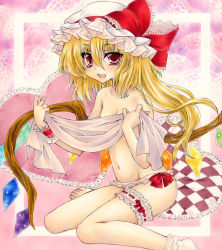 Rule 34 | 1girl, :d, aoi yuuka (ao no kokoro), barefoot, blonde hair, blush, bow, censored, convenient censoring, crystal, fangs, flandre scarlet, flat chest, frills, hat, long hair, marker (medium), navel, open mouth, panties, pillow, red eyes, single sock, sitting, smile, socks, solo, topless, touhou, traditional media, underwear, wariza, wings, wrist cuffs, wristband