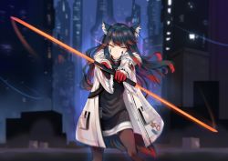 Rule 34 | 1girl, absurdres, animal ear fluff, animal ears, arknights, black gloves, black hair, city, coat, commentary, commission, english commentary, fur-trimmed coat, fur trim, gloves, highres, holding, holding sword, holding weapon, long hair, looking at viewer, looking to the side, material growth, multicolored clothes, multicolored gloves, multicolored hair, official alternate costume, oripathy lesion (arknights), outdoors, pantyhose, pocket, red gloves, red hair, serious, sidelocks, solo, standing, sword, tail, texas (arknights), texas (winter messenger) (arknights), two-handed, urban, weapon, wolf ears, wolf girl, wolf tail, yaya chan