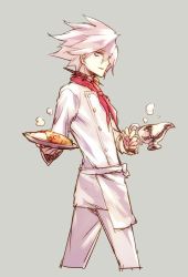 Rule 34 | 1boy, alternate costume, bishounen, blue eyes, chef, fate/apocrypha, fate/grand order, fate (series), food, gravy boat, grey background, karna (fate), lamp, looking at viewer, male focus, pale skin, short hair, simple background, smile, solo, wanko (takohati8), white background, white hair