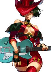 Rule 34 | 1girl, absurdres, bare shoulders, black gloves, bob cut, breasts, cleavage, detached sleeves, electric guitar, gloves, guilty gear, guilty gear xrd, guitar, hat, hat over one eye, highres, i-no, instrument, looking at viewer, medium breasts, mole, mole above mouth, mole under eye, o-ring, o-ring top, shaded face, short hair, simple background, smile, solo, thighs, uncle rabbit ii, white background, witch hat