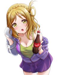 Rule 34 | 1girl, absurdres, blonde hair, blush, brand name imitation, breasts, cleavage, coca-cola, collarbone, highres, jacket, jan azure, large breasts, looking at viewer, love live!, love live! sunshine!!, ohara mari, open mouth, purple jacket, purple skirt, skirt, solo, unzipped, yellow eyes, zipper pull tab