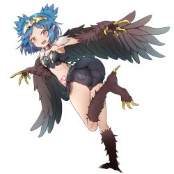 Rule 34 | 1girl, absurdres, ass, bird legs, black feathers, black wings, blush, breasts, claws, fang, feathered wings, feathers, harpy, highres, indie virtual youtuber, lincoro, monster girl, navel, open mouth, pointy ears, red eyes, rosia san, short hair, short twintails, shorts, simple background, small breasts, solo, stomach tattoo, talons, tattoo, tiara, twintails, virtual youtuber, white background, wings
