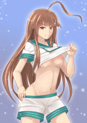 Rule 34 | 10s, 1girl, ahoge, breasts, brown eyes, brown hair, clothes lift, crop top, female focus, gradient background, hand on own hip, kantai collection, kuma (kancolle), long hair, navel, nipples, no bra, open clothes, sailor collar, school uniform, serafuku, shirt lift, shorts, smile, snow, snowing, solo, wo jianqiang fu guo
