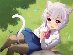 Rule 34 | 1boy, 1girl, animal ears, azuki yui, between legs, blue butterfly, blue skirt, blush, brown pantyhose, bug, butterfly, cat ears, cat girl, cat tail, day, fang, grass, hair ornament, hairclip, holding, insect, long sleeves, looking at viewer, official art, outdoors, pantyhose, sample watermark, shirt, short hair, silver hair, skirt, smile, solo focus, tail, tail between legs, watermark, white shirt
