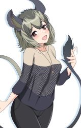 Rule 34 | 1girl, alternate costume, animal ear fluff, animal ears, arm at side, bad id, bad twitter id, blouse, brown eyes, casual, contemporary, degu (kemono friends), green hair, hand up, head tilt, highres, jewelry, kemono friends, long sleeves, looking at viewer, medium hair, morimasakazu, multicolored hair, open mouth, pants, parted bangs, pendant, shirt, smile, solo, tail