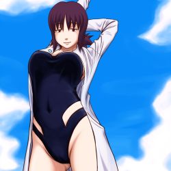 Rule 34 | 1girl, arm behind head, arm up, blue sky, breasts, brown eyes, cameltoe, cloud, creatures (company), day, game freak, highres, kamisuki, lab coat, large breasts, looking down, nintendo, one-piece swimsuit, philena ivy, pokemon, pokemon (anime), purple hair, short hair, sky, smile, solo, swimsuit