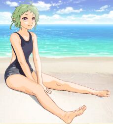 Rule 34 | 1girl, ahoge, alternate costume, back cutout, barefoot, beach, black one-piece swimsuit, blue sky, closed mouth, clothing cutout, cloud, elf, full body, green hair, highres, mizumori keiichi, mushoku tensei, ocean, on ground, one-piece swimsuit, pointy ears, red eyes, sand, short hair, sitting, sky, smile, solo, swimsuit, sylphiette (mushoku tensei), water
