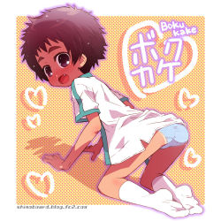 Rule 34 | 1girl, all fours, androgynous, ass, blue panties, brown eyes, brown hair, eyebrows, fang, heart, kneeling, looking at viewer, no pants, open clothes, open mouth, open shirt, original, panties, shimo-san, shirt, short hair, socks, solo, thick eyebrows, underwear, watermark, web address