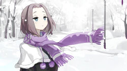 1girl black_coat blue_eyes brown_hair capelet character_name coat floating_scarf highres lamppost looking_up medium_hair mo0o0rae purple_scarf scarf senpai_ga_uzai_kouhai_no_hanashi snowing solo sweater tree tsukishiro_mona_(shiromanta) upper_body white_capelet yellow_sweater