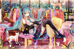 Rule 34 | 1girl, aqua eyes, aqua hair, aqua necktie, bad id, bad pixiv id, bai qi-qsr, bell, black cat, black footwear, black skirt, boots, cat, character name, collared shirt, commentary request, copyright name, couch, detached sleeves, earphones, full body, hatsune miku, indoors, instrument, long hair, looking at viewer, lying, necktie, on back, piano, pillow, pleated skirt, shirt, skirt, sleeveless, smile, solo, thigh boots, thighhighs, twintails, very long hair, vocaloid, white cat