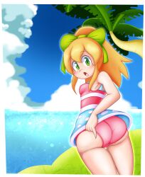 Rule 34 | 1girl, :o, absurdres, adjusting clothes, adjusting swimsuit, ass, blonde hair, blue sky, blush, bow, cloud, commentary, cowboy shot, dress swimsuit, english commentary, from behind, grass, green bow, green eyes, high ponytail, highres, island, looking at viewer, luigifan222, mega man (classic), mega man (series), mega man x (series), mega man x dive, microskirt, multicolored clothes, multicolored swimsuit, ocean, official alternate costume, palm tree, roll (mega man), sidelocks, skirt, sky, solo, surprised, swimsuit, tree, upskirt