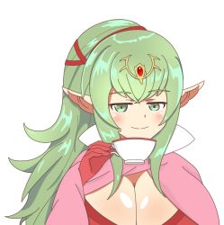 Rule 34 | 1girl, blush, breasts, cape, cleavage, collar, cup, facing viewer, fire emblem, fire emblem awakening, green eyes, green hair, high heels, high ponytail, huge breasts, jewelry, large breasts, long hair, looking at viewer, mature female, nintendo, no bra, aged up, orbiculare, pink cape, pointy ears, ponytail, smile, smug, solo, tagme, teacup, tiara, tiki (fire emblem), upper body